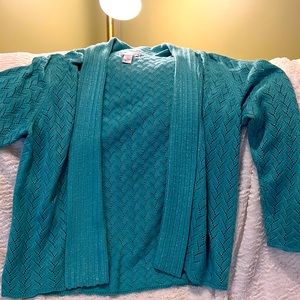 Susan Graver XL sweater in aqua blue.